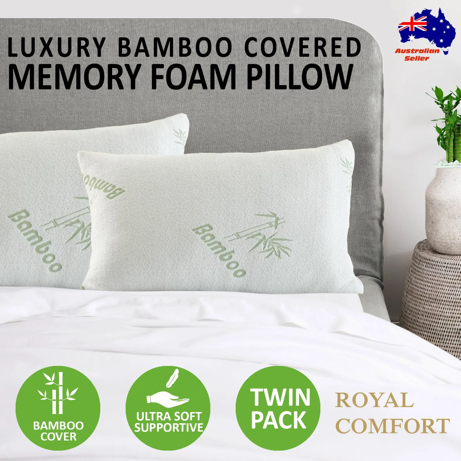 Anti-Microbial Bamboo Memory Foam Pillows Twin Pack - Royal Comfort