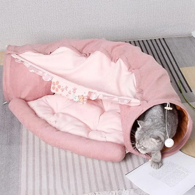 Foldable Cat Bed House Interactive Cat Tunnel Toy Drill Pipe Channel Shell Tube Kitten Cave With Balls Cushion Cats Accessories