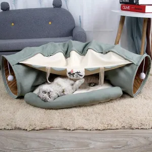 Foldable Cat Bed House Interactive Cat Tunnel Toy Drill Pipe Channel Shell Tube Kitten Cave With Balls Cushion Cats Accessories