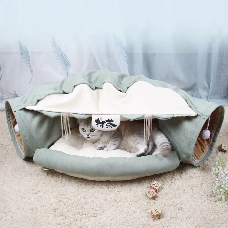 Foldable Cat Bed House Interactive Cat Tunnel Toy Drill Pipe Channel Shell Tube Kitten Cave With Balls Cushion Cats Accessories