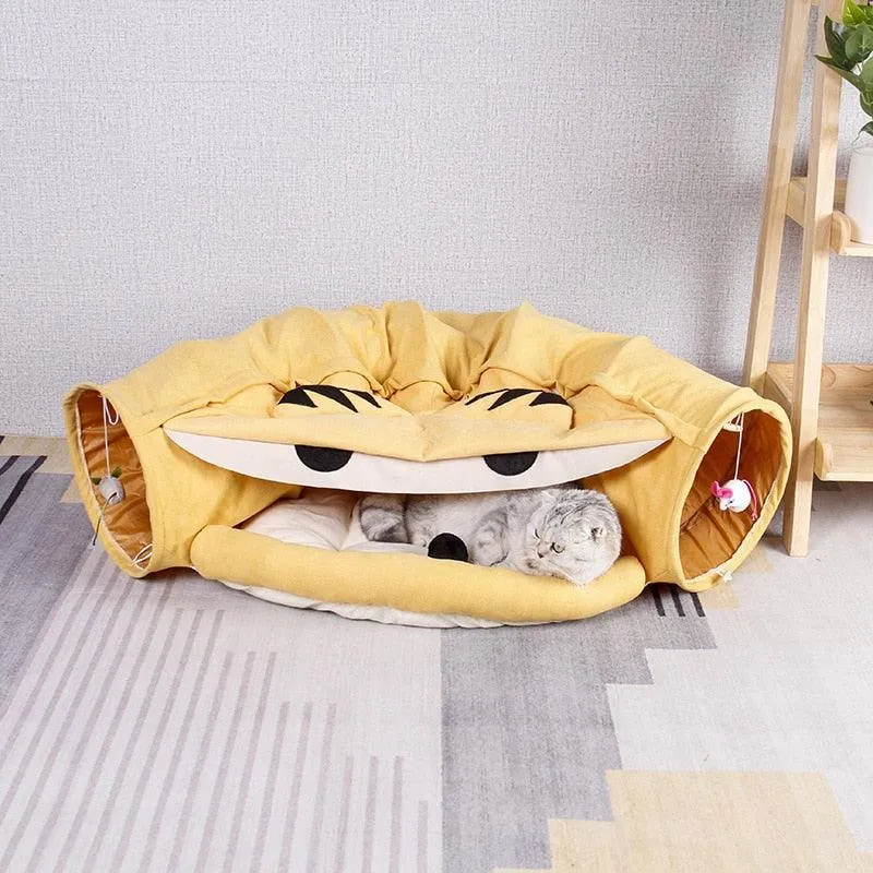 Foldable Cat Bed House Interactive Cat Tunnel Toy Drill Pipe Channel Shell Tube Kitten Cave With Balls Cushion Cats Accessories