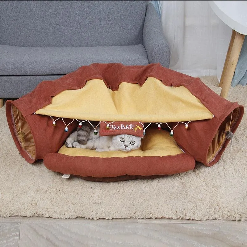 Foldable Cat Bed House Interactive Cat Tunnel Toy Drill Pipe Channel Shell Tube Kitten Cave With Balls Cushion Cats Accessories