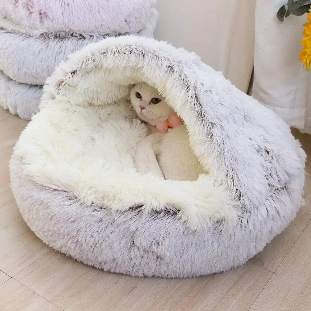 Soft Plush Round Pet Bed – 2-in-1 Sleeping Nest for Small Dogs & Cats