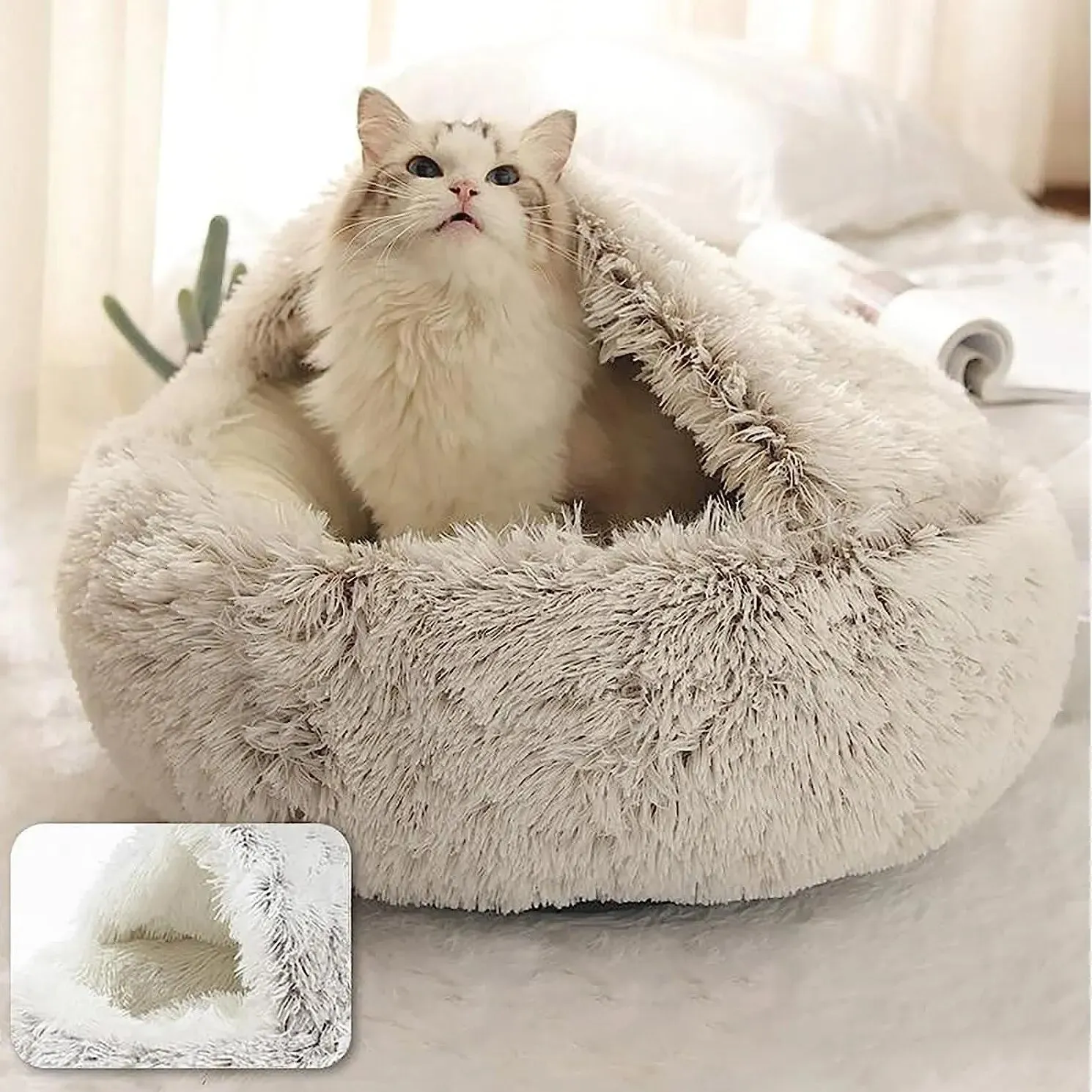 Soft Plush Round Pet Bed – 2-in-1 Sleeping Nest for Small Dogs & Cats